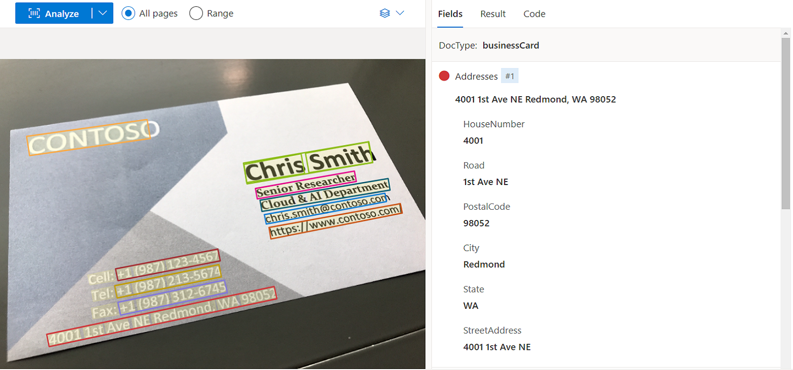 Screenshot that shows Business card model analysis by using Document Intelligence Studio.