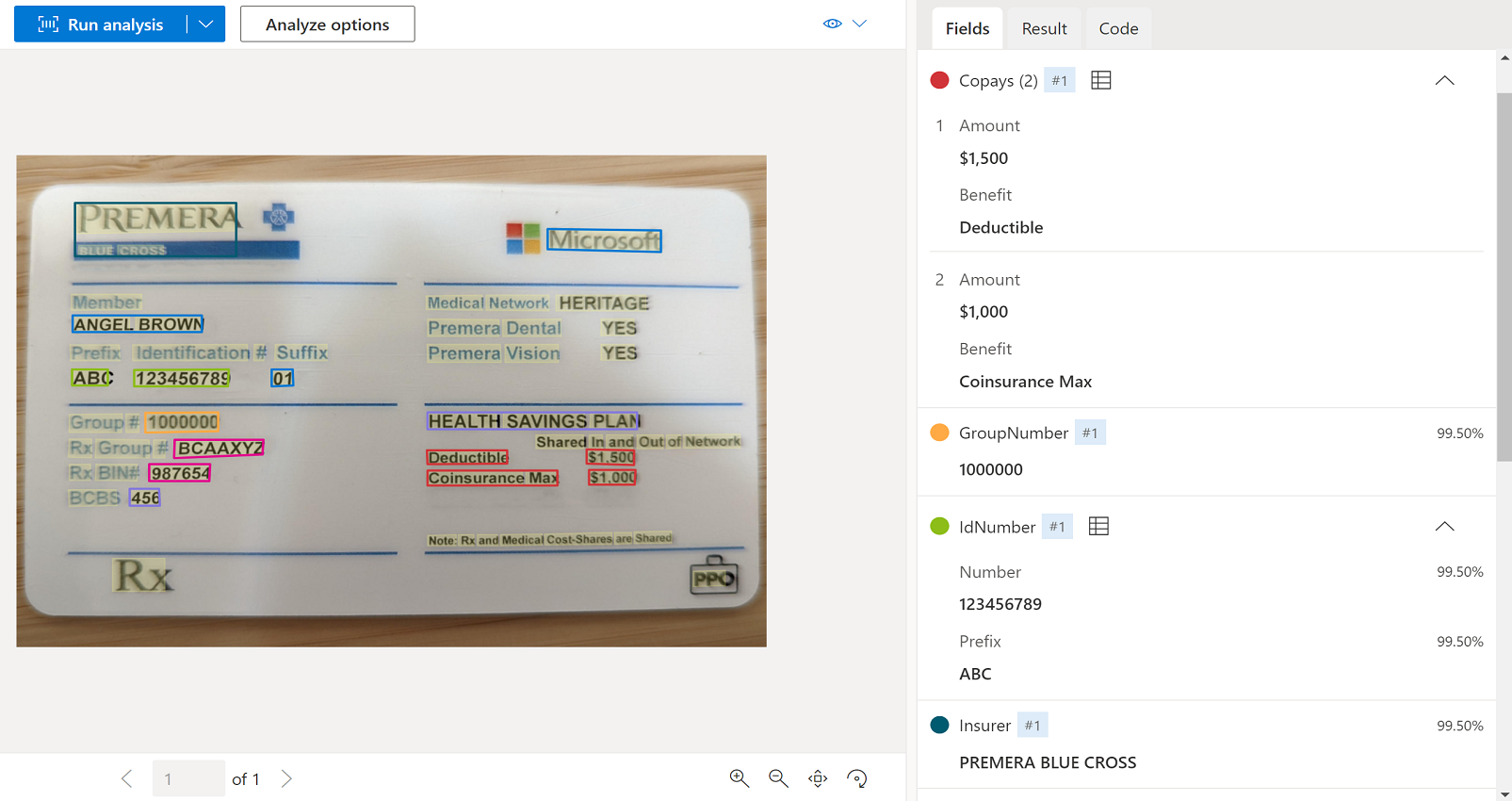 Screenshot that shows Health insurance card model analysis by using Document Intelligence Studio.