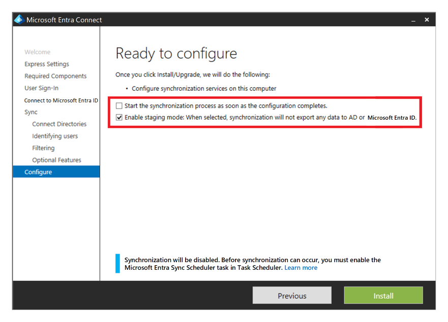 Screenshot that shows the Microsoft Entra Connect setup assistant.
