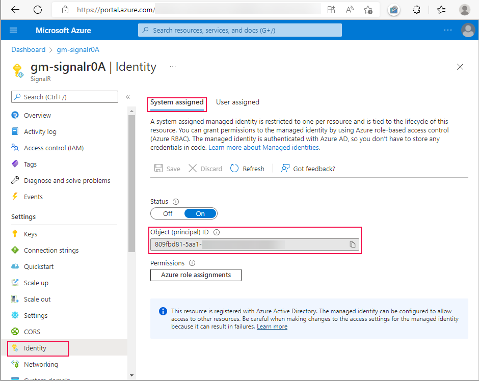 Screenshot that shows enabling managed identity.