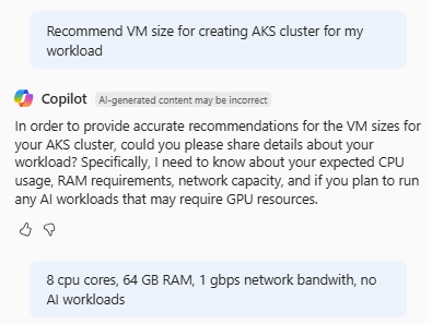 Screenshot of Azure Copilot asking for information in order to recommend a VM size for an AKS cluster.