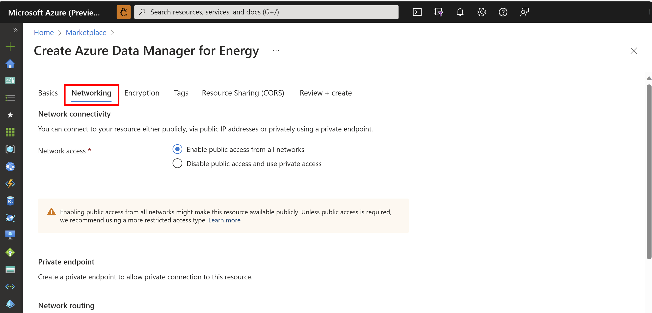 Screenshot of the Networking tab during provisioning.
