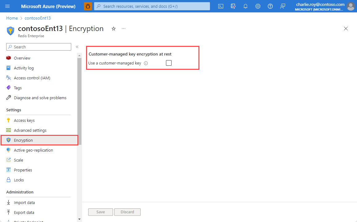 Screenshot of the Encryption option selected in the Resource menu for an Azure Managed Redis cache instance.