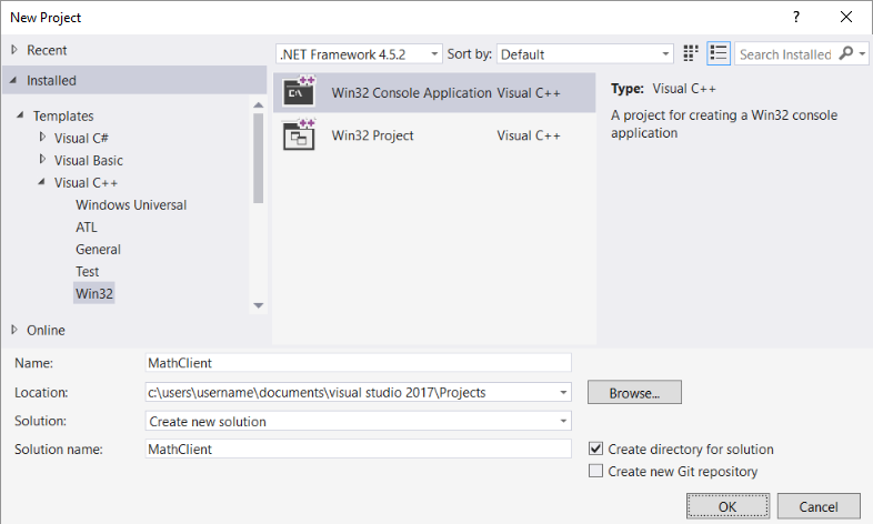 Screenshot of the New Project dialog box with Win32 Console Application Visual C plus plus highlighted, and Math Client typed in the Name text box.