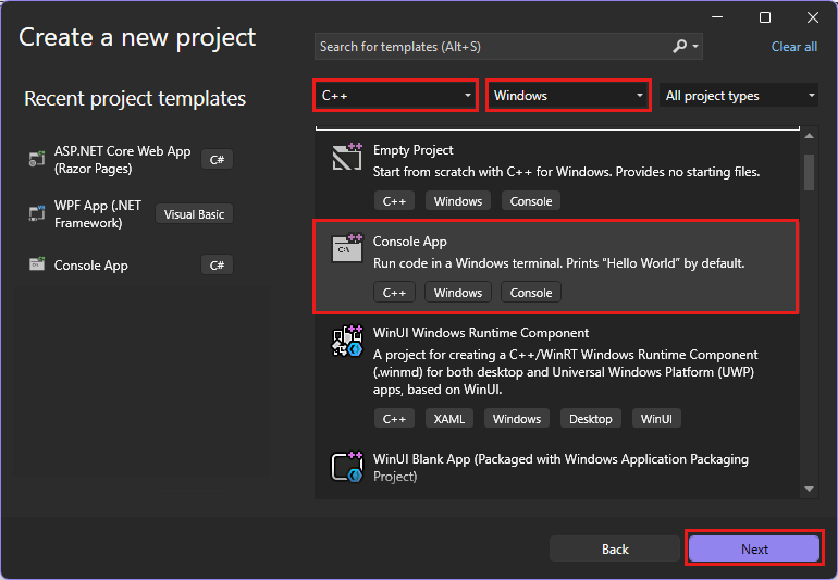 Screenshot of the Visual Studio Create a new project dialog with Console App highlighted.