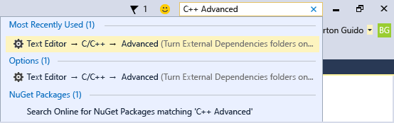 Quick Launch Screenshot of the Quick Launch search box. It shows searching C plus plus advanced which results in options for the text editor.