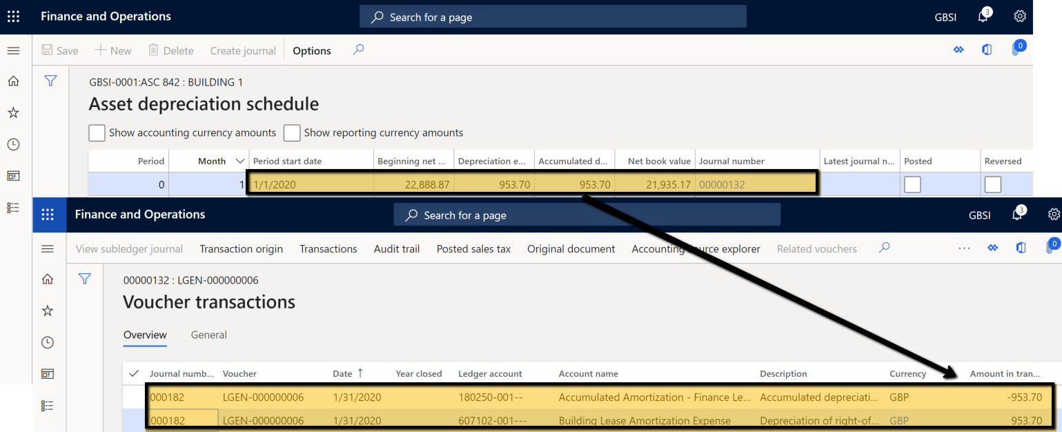 Screenshot of ROU asset transactions page.