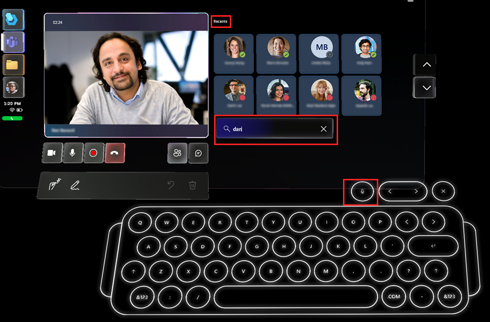 Screenshot of Recent list with Search box and holographic keyboard showing. Screenshot of Recent list with Search box and holographic keyboard showing.
