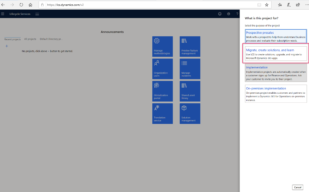 Screenshot of selecting the Lifecycle Services project type.