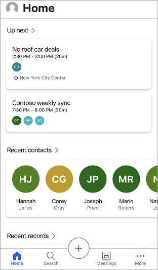 Screenshot of the Sales mobile app home page in Dynamics 365 Sales.