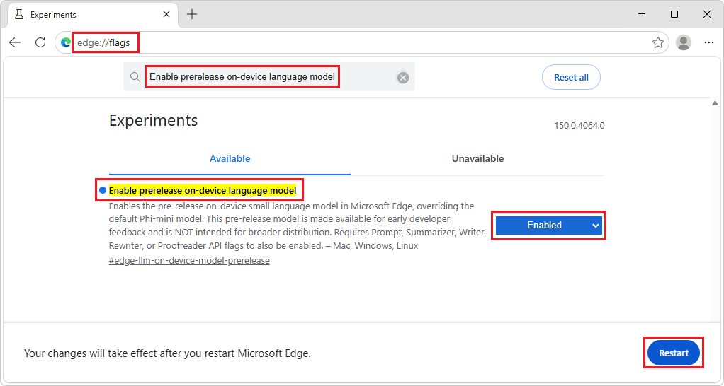 Flags page showing the prerelease on-device language model flag