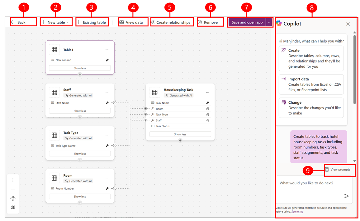Screenshot of the Create new tables workspace showing Dataverse tables and the Copilot panel.