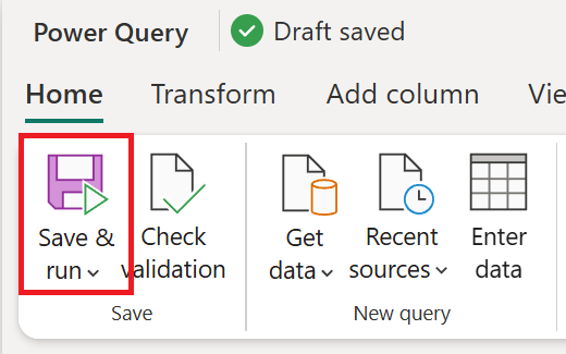 Screenshot of the save and run button within Power Query Online.