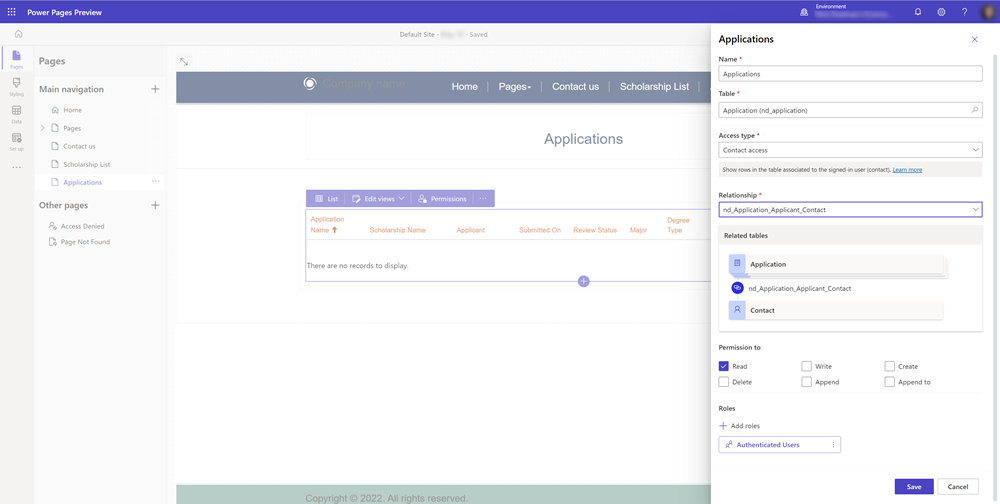 Screenshot of a table filtered by the currently signed in user.