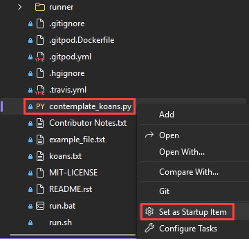 Screenshot that shows how to set the contemplate koans Python file as the startup item in Visual Studio.