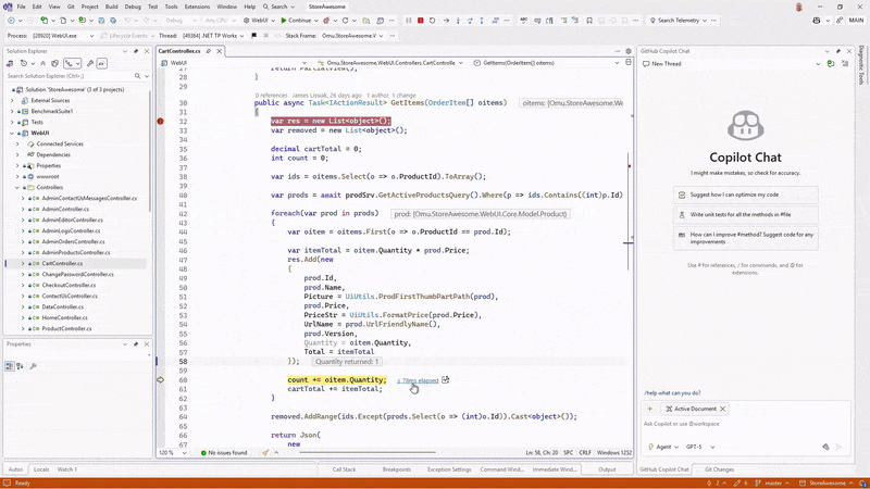 Video demonstrating debug-time performance tips with inline execution metrics and Copilot optimization suggestions