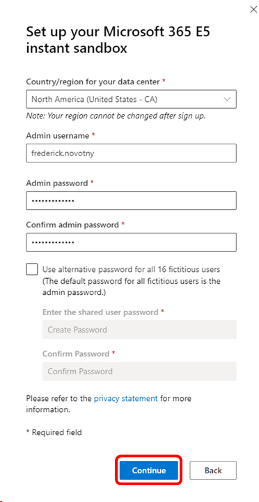 Screenshot of personal information dialog. The Continue button is highlighted. Microsoft 365 Developer sandbox setup